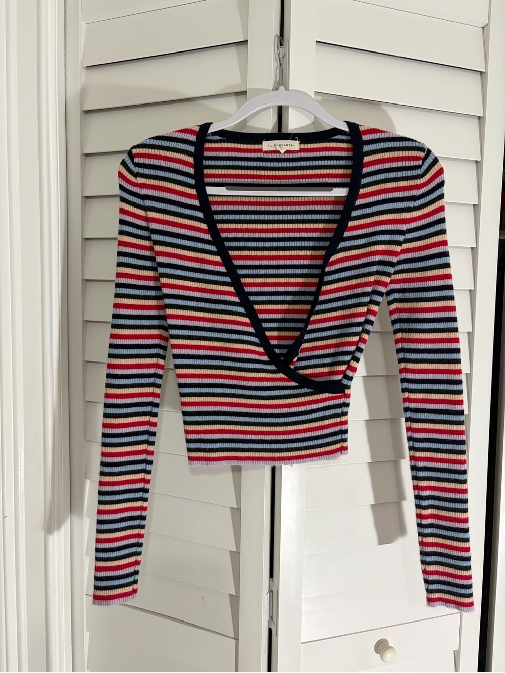 La Hearts Multicolor Striped V-neck Ribbed Wrap Long Sleeve Sweater